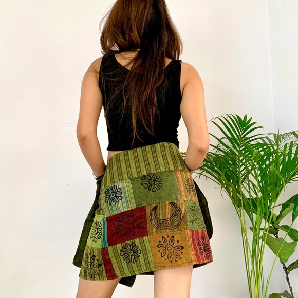 Patchwork Cotton Wrap Skirt with Blockprint - Picture 2 of 13